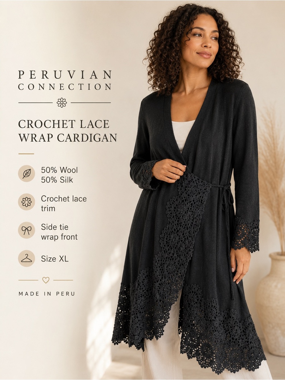 Peruvian Connection XL Black Wool Silk Crochet Lace Wrap Duster Cardigan